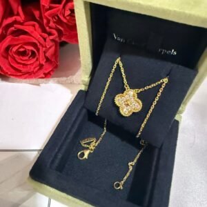 Authentic Vintage Alhambra white gold diamond pendant Original 18k Yellow gold and diamonds