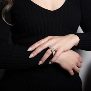 Avi & Co. Heart and Emerald Cut Diamond Halo Toi et Moi Ring
